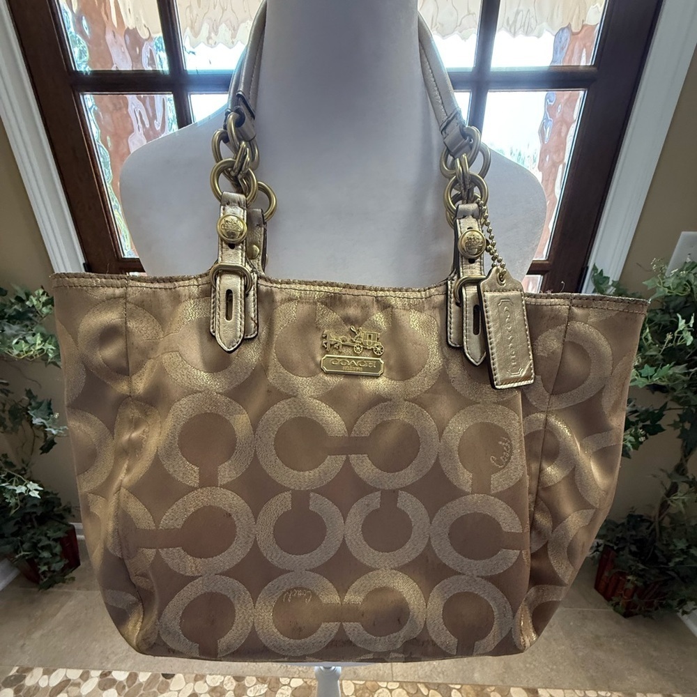 Vintage Coach Handbag Gold With Horse and Buggy Logo Canvas Chain Accents Chic